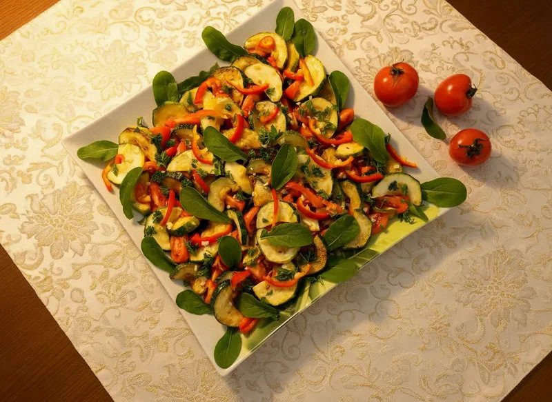 Салат с жареным кабачком, помидорами и болгарским перцем